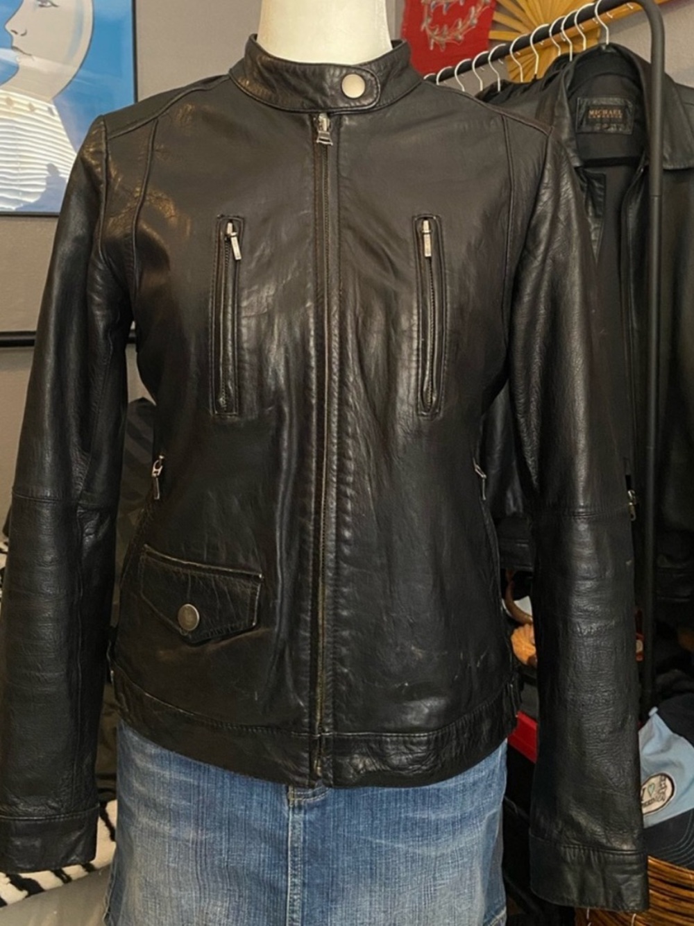 Banana Republic Black Leather Motorcycle Jacket size Small so Cool & Classic!